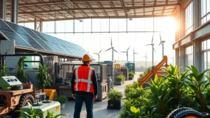 Industrial manufacturing facility with solar panels on roof and wind turbines visible in background, modern equipment with visible recycling infrastructure, workers in safety gear inspecting production line, natural daylight streaming through large windows, lush green plants integrated into factory design