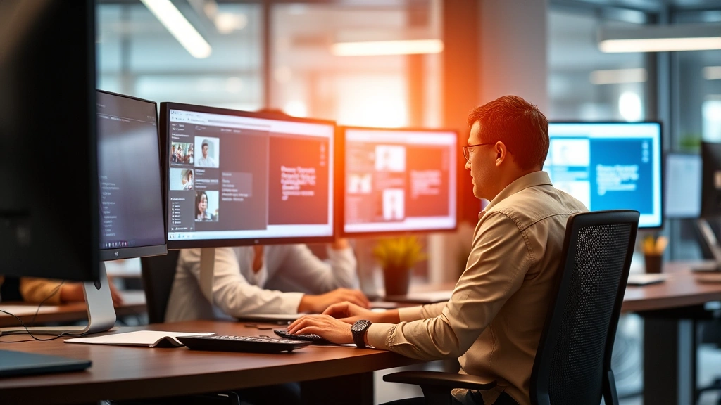 Office workers at desks using thin client devices with multiple monitors, representing remote work flexibility and distributed workforce productivity in modern workplace