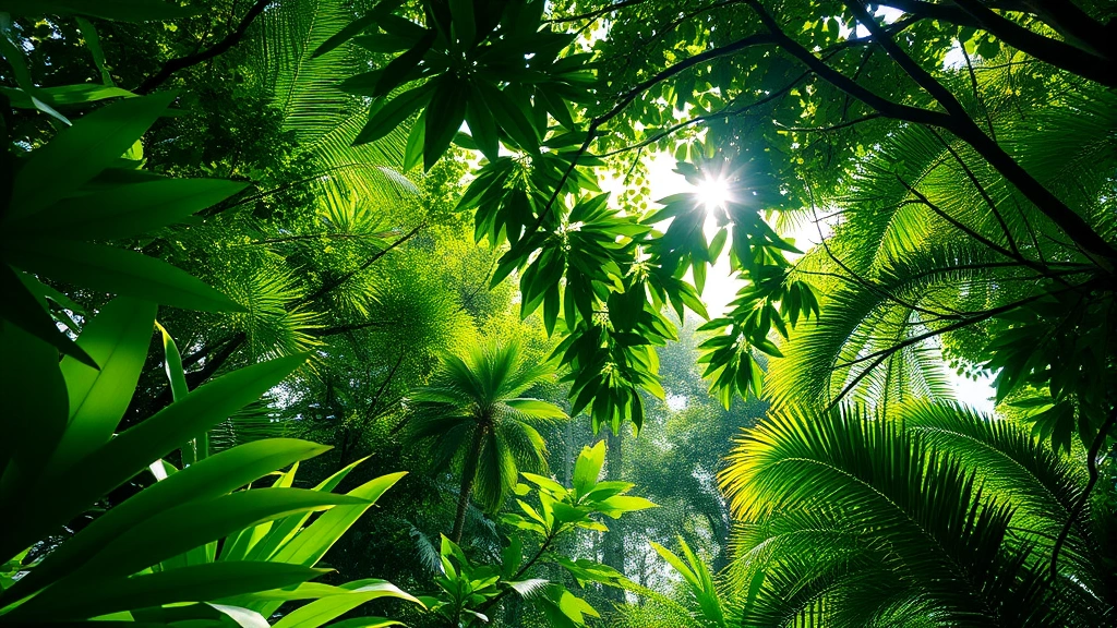Lush tropical rainforest canopy with diverse green vegetation layers, sunlight filtering through leaves, representing carbon sequestration and biodiversity ecosystem services