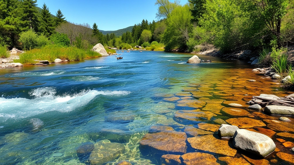 Crystal-clear river flowing through natural landscape with healthy riparian vegetation, fish visible in water, depicting water purification and aquatic ecosystem services