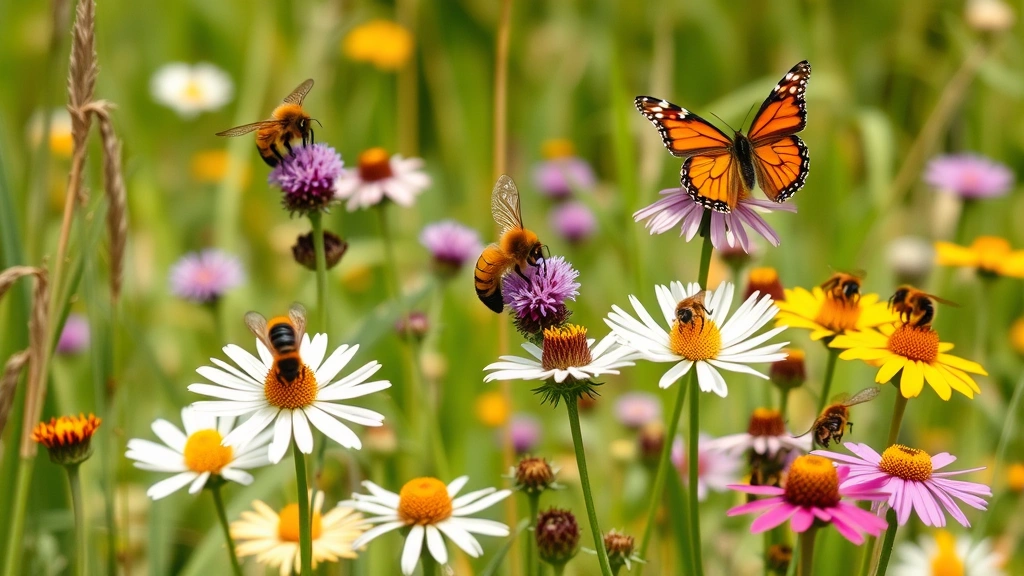 Diverse pollinator insects including bees and butterflies on colorful wildflowers in meadow ecosystem, representing pollination services and agricultural productivity