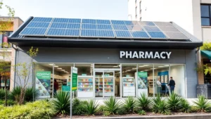 Modern pharmacy storefront with solar panels on roof, green landscaping with native plants, efficient LED signage, sustainable building design, daylight visible through large windows, urban retail environment