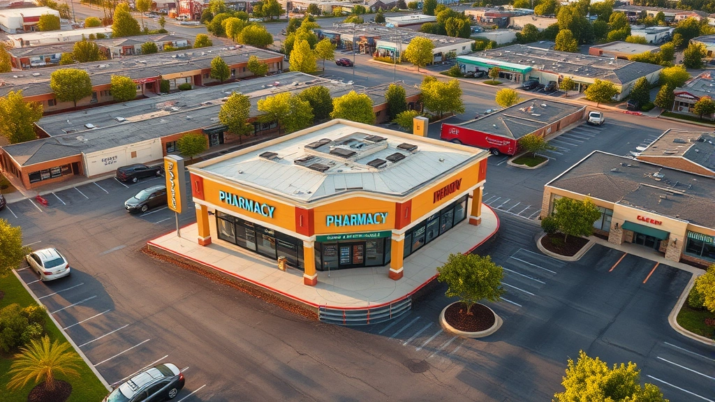 Aerial view of suburban commercial plaza with pharmacy storefront, parking lot, and surrounding businesses in natural daylight showing retail development impact