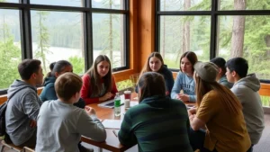 Young environmental activists gathered in Washington State discussing ecosystem restoration and sustainable economy policies, diverse group of youth around discussion table with forest and watershed backdrop visible through windows
