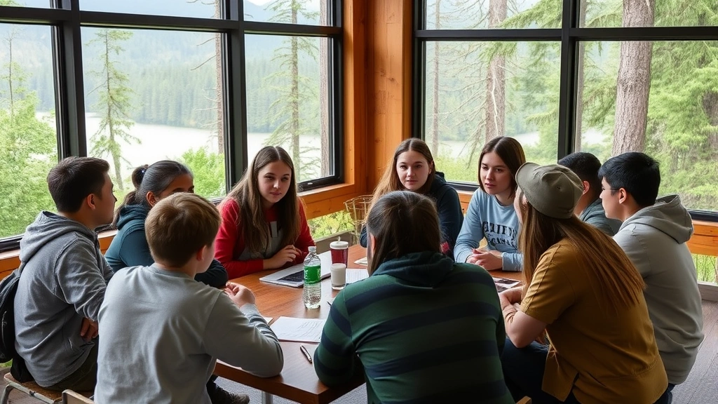 Young environmental activists gathered in Washington State discussing ecosystem restoration and sustainable economy policies, diverse group of youth around discussion table with forest and watershed backdrop visible through windows