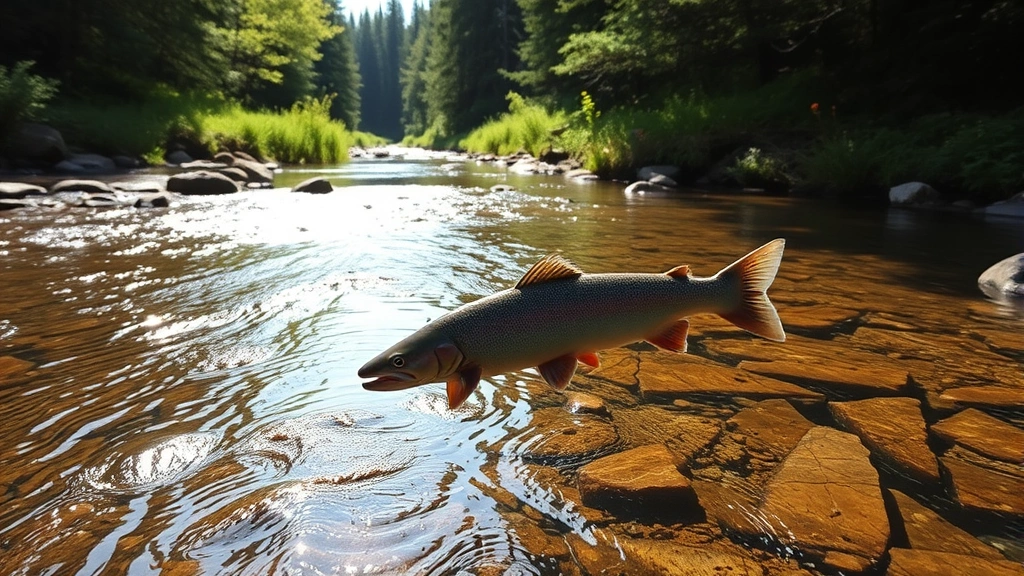Native salmon swimming upstream through restored stream with lush riparian vegetation and green forest canopy, clear water reflecting sunlight with healthy ecosystem indicators visible