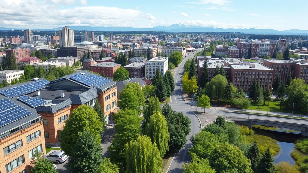 Urban Washington landscape showing renewable energy solar panels on rooftops, electric vehicle charging stations, green urban forests, and restored wetlands integrated into city infrastructure