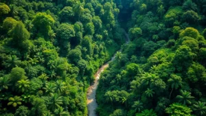 Aerial view of pristine tropical rainforest canopy with diverse green layers, sunlight filtering through, river winding through forest landscape, photorealistic, no text
