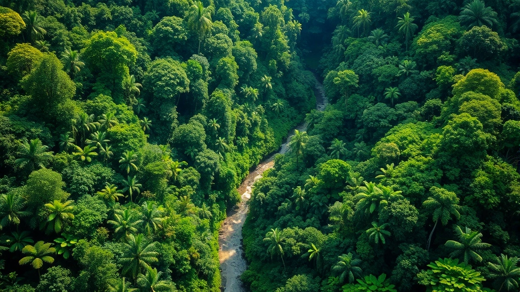 Aerial view of pristine tropical rainforest canopy with diverse green layers, sunlight filtering through, river winding through forest landscape, photorealistic, no text