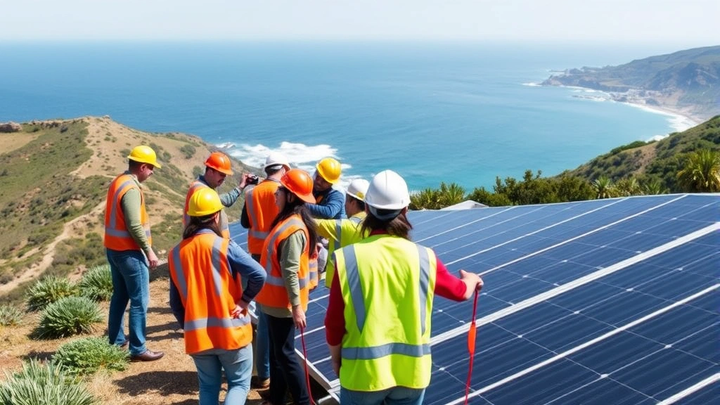 Diverse group of workers in safety vests and hard hats installing solar panels on coastal hillside overlooking ocean, natural lighting, action-oriented composition, no text or labels