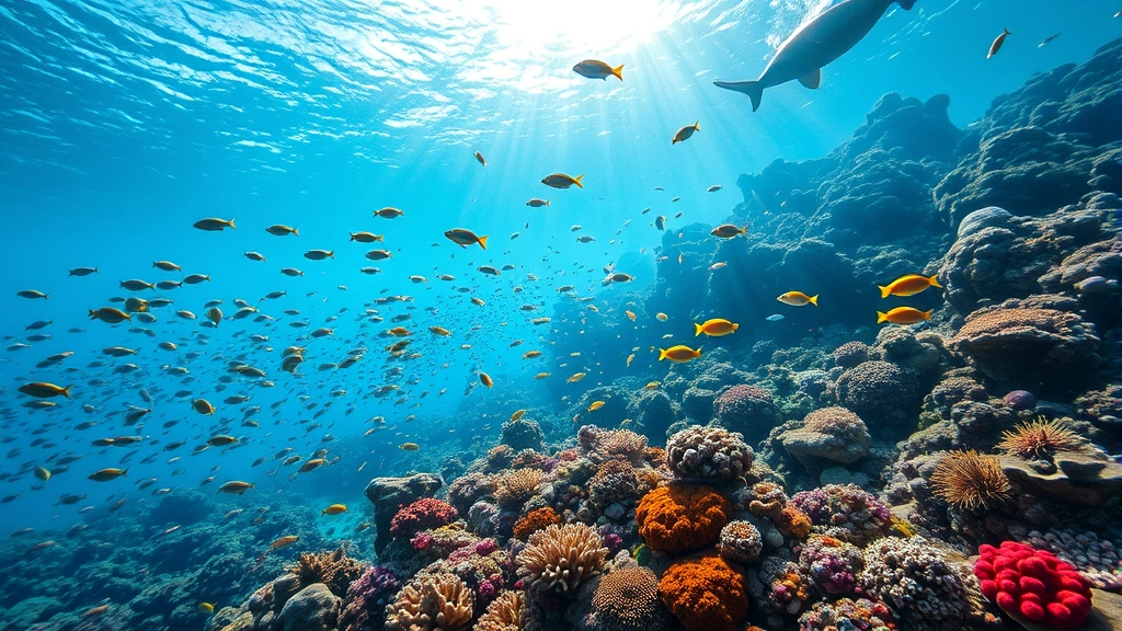 Underwater coral reef ecosystem with colorful fish schools, sea turtles, and vibrant coral formations, crystal clear water, sunlight penetrating from above, no text or graphics