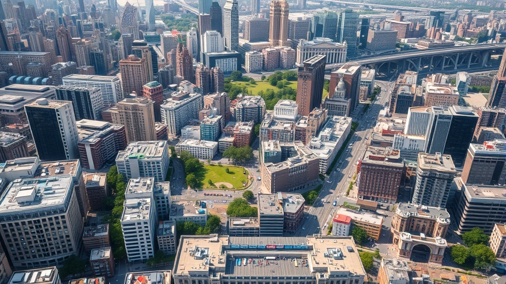 Aerial view of dense urban metropolitan cityscape with mixed-use buildings, public parks, transit stations, and diverse neighborhoods showing vibrant economic activity and human concentration, photorealistic daytime lighting