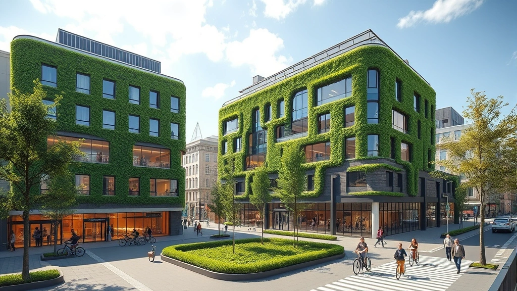Modern sustainable office building with green walls, solar panels, and efficient architecture integrated into urban plaza with pedestrians, bicycles, and transit access, showcasing eco-economic design principles