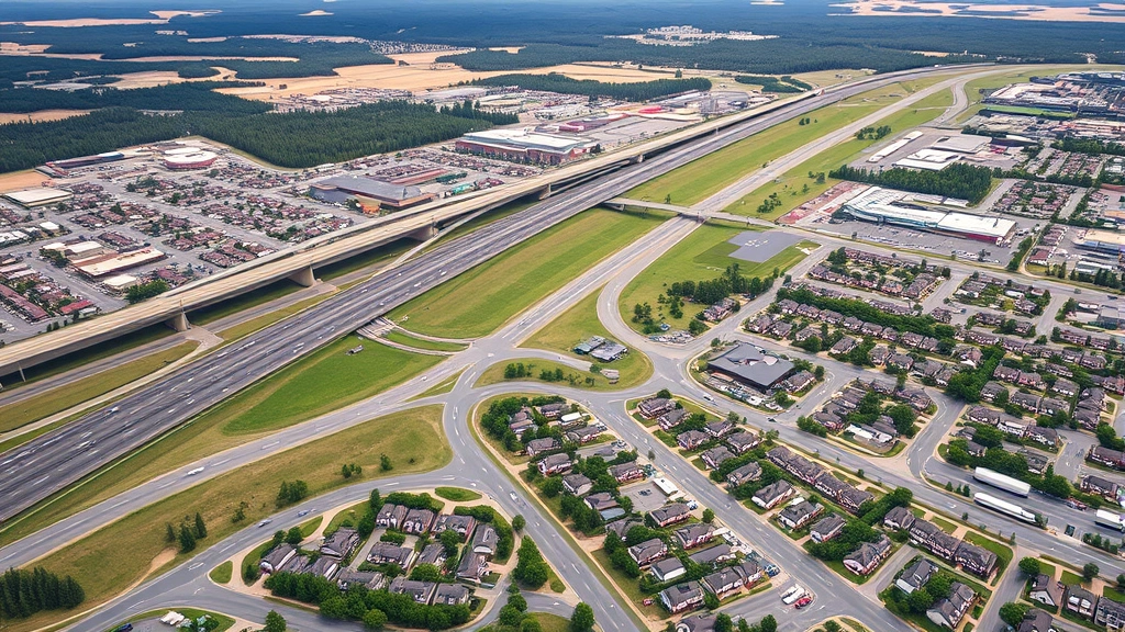 Sprawling suburban development with highways, parking lots, single-family homes, and shopping centers transitioning to natural landscape, illustrating environmental costs and spatial inefficiency of car-dependent infrastructure