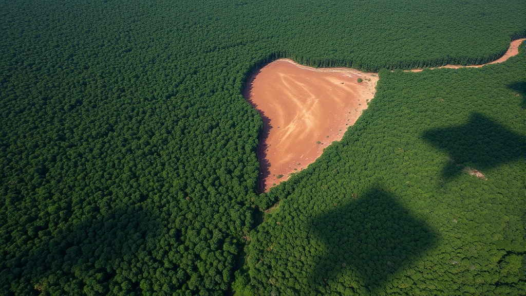 Aerial view of deforestation boundary showing cleared land adjacent to intact rainforest, demonstrating environmental extraction and habitat loss