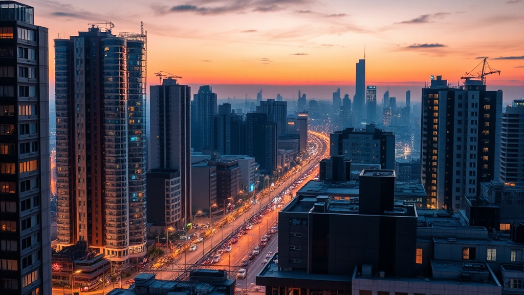 Urban cityscape at dusk with illuminated buildings and street lights, showing dense infrastructure and resource consumption in built environments