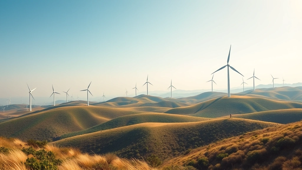 Panoramic landscape featuring wind turbines on rolling hills with natural vegetation, representing renewable energy transition and sustainable human-environment interactions