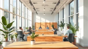 Modern sustainable office space with floor-to-ceiling windows, natural daylight flooding across wooden desks, employees collaborating near green plants, minimalist design with white walls and warm wood tones, photorealistic contemporary workplace environment showing healthy environmental conditions and worker engagement