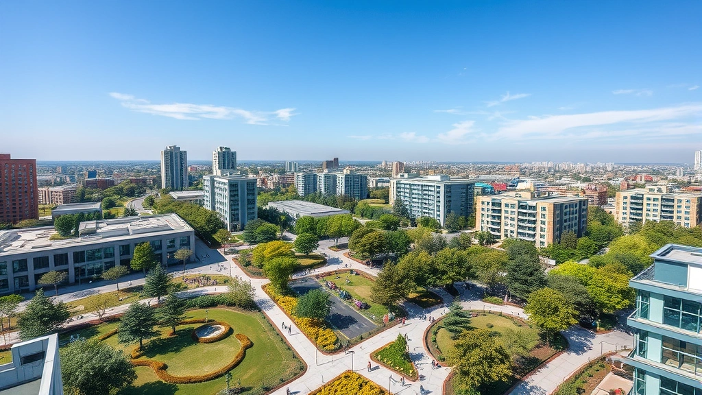Aerial view of mixed-use urban district with green spaces, parks, and modern office buildings integrated with nature, clear blue sky, people walking in landscaped areas, showing sustainable city planning and built environment design that supports economic activity and environmental quality