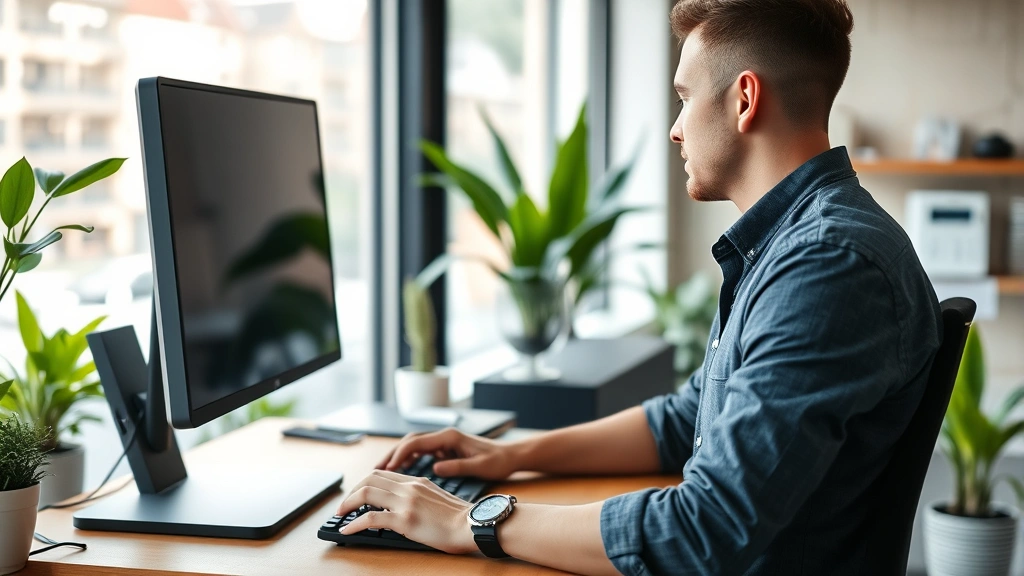 Close-up of employee at ergonomic workspace with adjustable standing desk, proper monitor positioning, natural light, indoor air quality monitoring device visible, plants in background, showing attention to occupational health factors that drive economic productivity and worker wellbeing