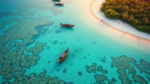 Aerial view of pristine tropical beach with clear turquoise water and intact coral reef ecosystem, small wooden traditional boats anchored offshore, lush jungle vegetation meeting white sand, golden hour sunlight, photorealistic, no text or labels visible