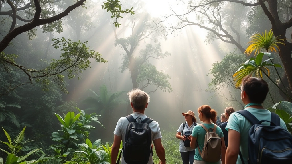 Local guide leading small group of tourists through misty cloud forest canopy, guide pointing at wildlife, dappled sunlight through trees, diverse vegetation, authentic interaction between visitors and guide, photorealistic nature photography style, no signage visible