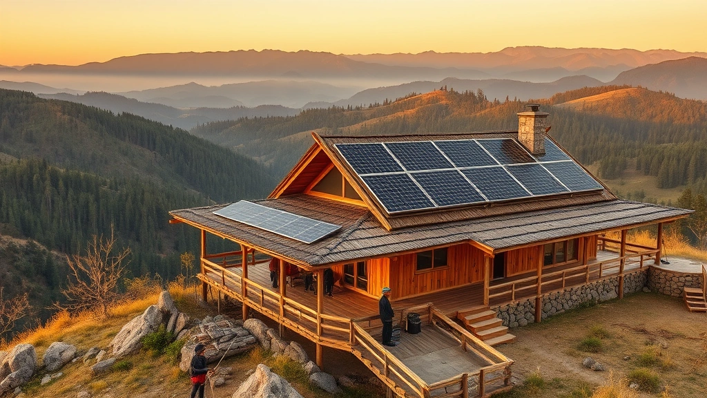 Sustainable eco-lodge built with natural materials overlooking valley landscape, solar panels on roof, local workers constructing or maintaining facility, integration with natural surroundings, mountains and forest in background, golden hour lighting, photorealistic architecture photography, no visible text or labels