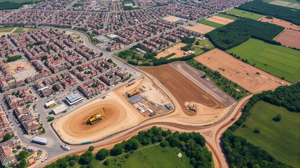Aerial view of sprawling urban development with construction sites, heavy machinery, and cleared land alongside remaining green spaces, showing environmental impact of building expansion