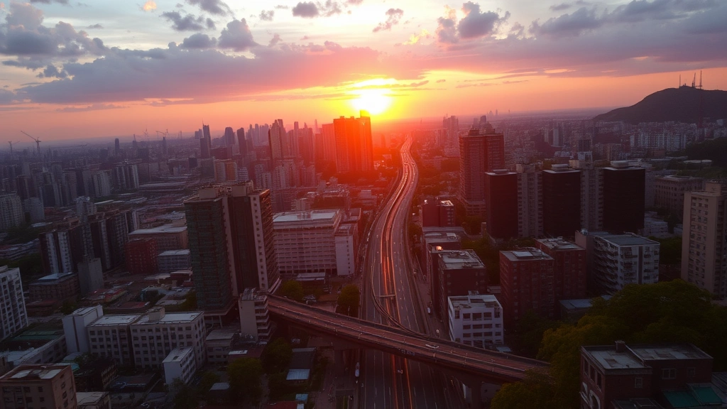 Dense cityscape at sunset with buildings and urban infrastructure, showing interconnected systems of transportation, energy, and water management affecting local ecosystem