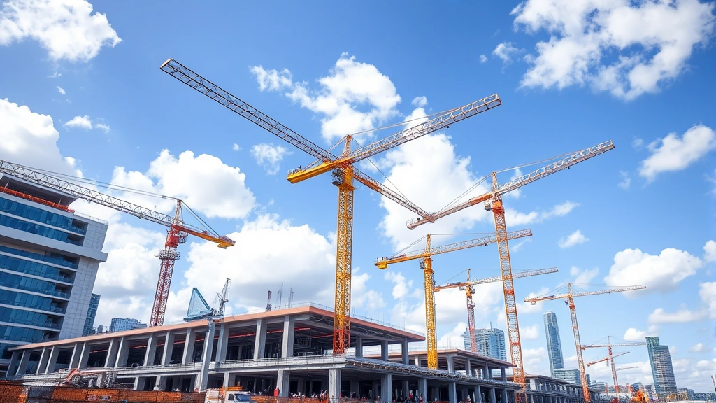 Modern urban construction site with multiple cranes lifting steel beams, concrete foundations, workers in safety gear, blue sky with white clouds, bustling economic activity
