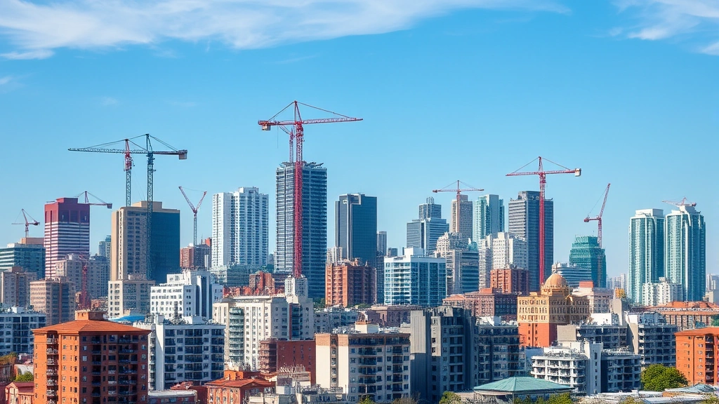 Urban skyline with mixed residential and commercial buildings under construction, modern cranes, blue sky, bustling economic activity