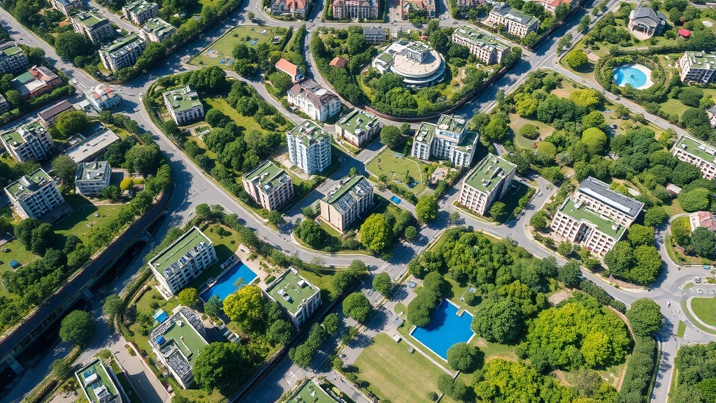 Aerial view of sustainable city district with green roofs, solar panels, tree-lined streets, parks, and mixed-density buildings, blue water features