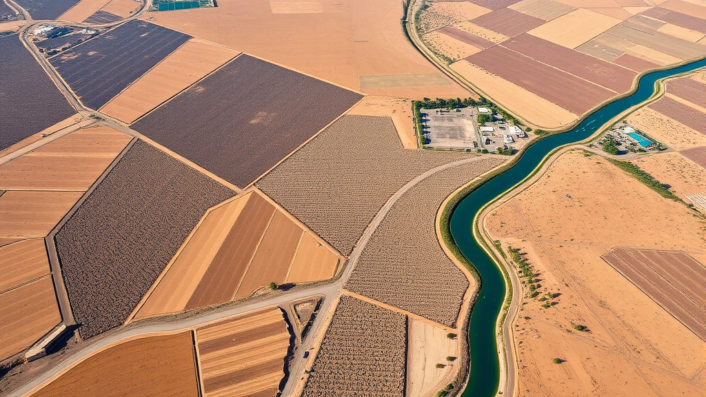 Aerial view of water-scarce agricultural landscape with drought-affected fields, dried irrigation channels, and sparse vegetation in arid region. Earth tones, natural lighting, showing environmental limitation of agricultural expansion.