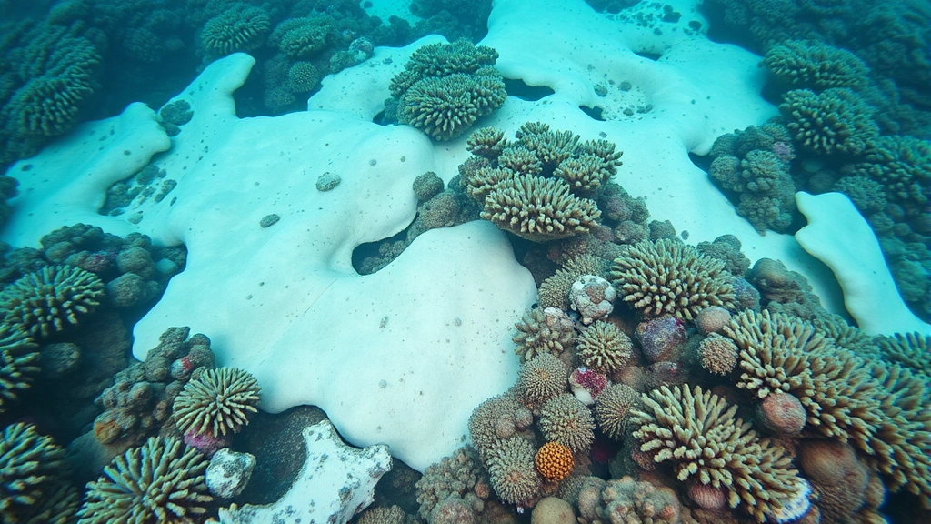 Underwater coral reef ecosystem showing bleached white corals interspersed with healthy pigmented corals, illustrating climate change impacts on marine biodiversity and ecosystem resilience