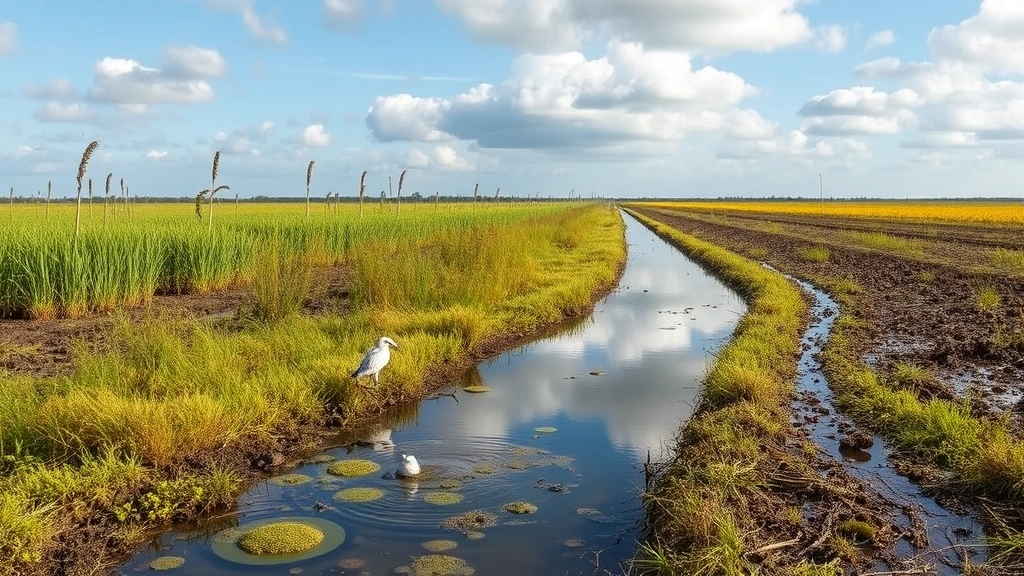 Wetland restoration site with water channels reflecting sky, native vegetation growing, and diverse wildlife including birds and aquatic organisms, demonstrating nature-based ecosystem recovery solutions