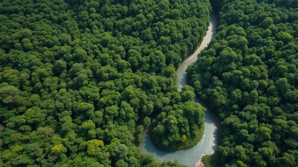 Aerial view of intact rainforest ecosystem with winding river, dense canopy in deep green tones, sunlight filtering through layers, no text, photorealistic, wide-angle perspective showing forest scale and complexity