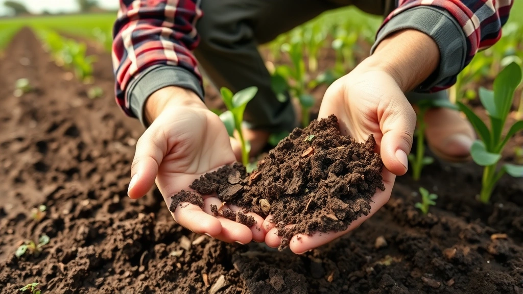 Worker in agricultural field examining healthy soil with visible organic matter, hands holding dark fertile earth, growing crops in background, natural daylight, showing connection between ecosystem health and food production