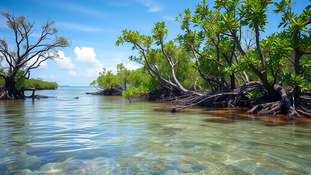 Coastal mangrove forest meeting ocean waters, intricate root systems visible above waterline, diverse wildlife habitat, clear water reflecting sky, mangroves in shades of green and brown, photorealistic nature scene