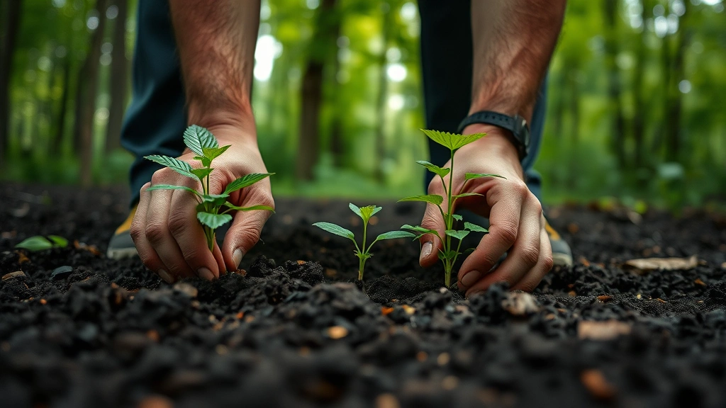Hands planting seedlings in dark soil with green forest canopy visible in soft-focus background, showing regenerative agriculture and ecosystem restoration