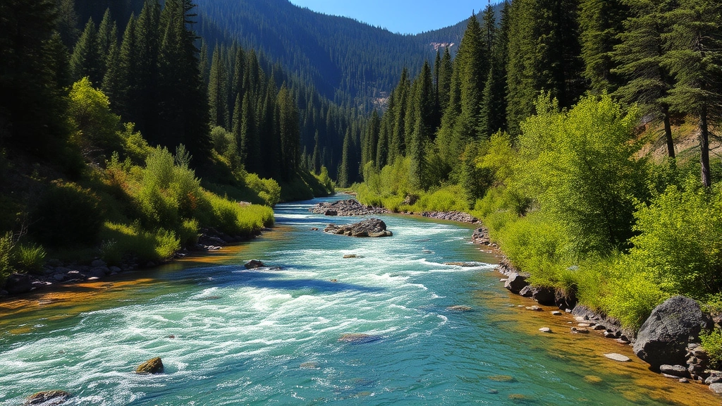 Crystal-clear river flowing through forested valley with no thermal pollution, healthy fish populations visible, lush riparian vegetation untouched by industrial water extraction