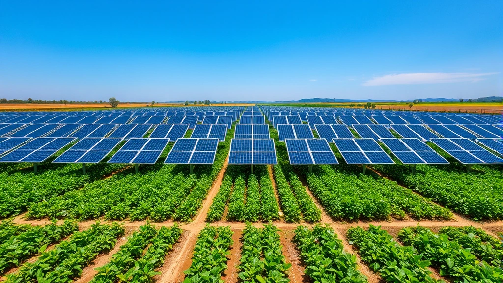Aerial view of agrivoltaic farm showing rows of elevated solar panels with thriving crop growth beneath, demonstrating dual land productivity with ecosystem health