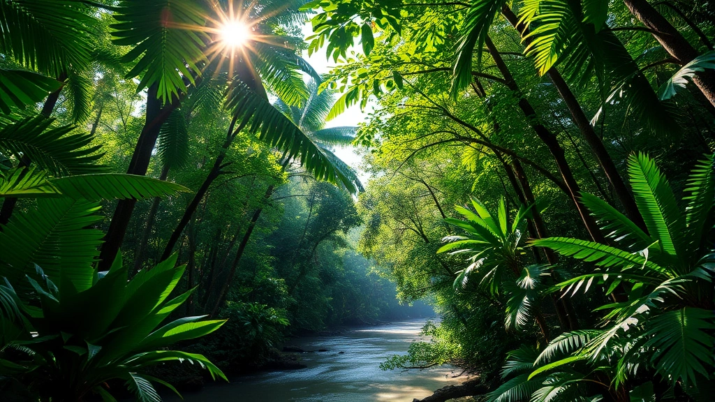 Lush tropical forest canopy with sunlight filtering through dense green leaves, diverse wildlife visible including birds and insects, healthy river flowing through forest understory, vibrant biodiversity