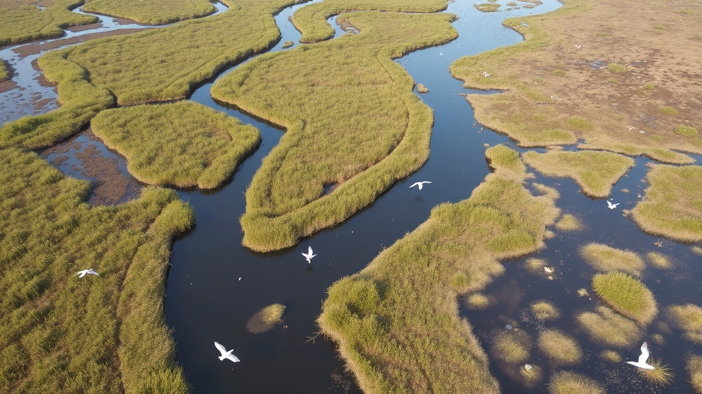 Aerial view of restored wetland ecosystem with water channels and native vegetation, birds and aquatic life present, contrast with adjacent degraded land, natural flood control demonstration