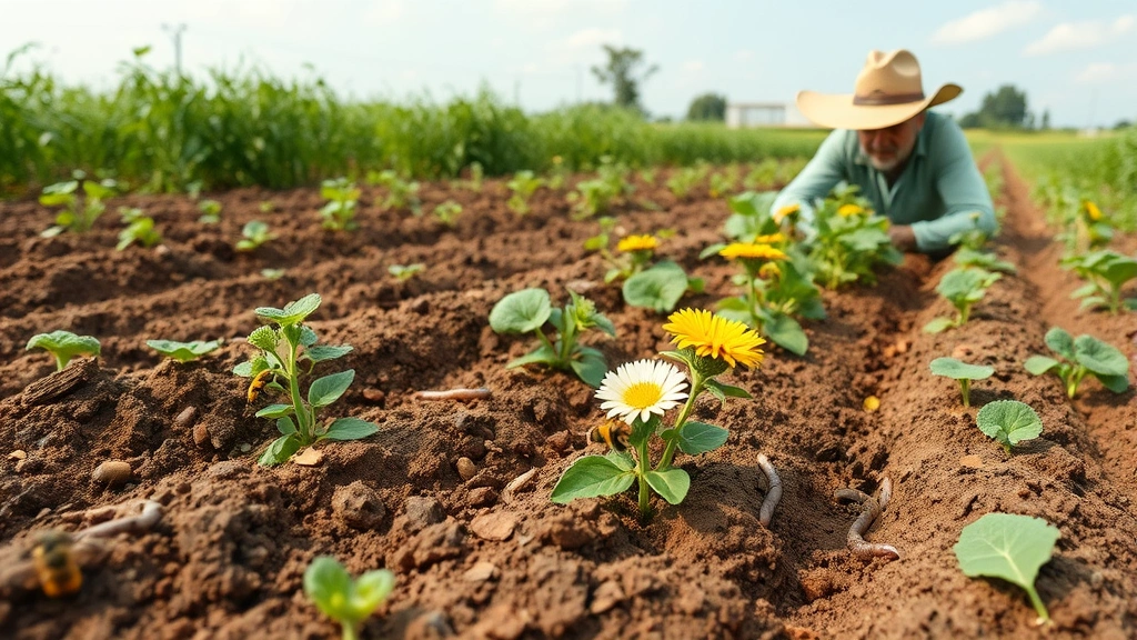 Sustainable agricultural field showing soil health, pollinating bees on flowering plants, diverse crop varieties growing together, farmer examining healthy soil with visible organic matter and earthworms