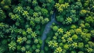 Aerial view of healthy tropical forest canopy with river winding through dense vegetation, sunlight filtering through leaves, vibrant green ecosystem in pristine condition