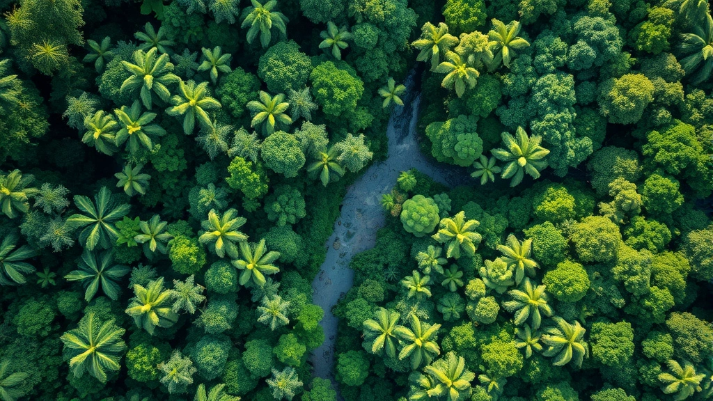 Aerial view of healthy tropical forest canopy with river winding through dense vegetation, sunlight filtering through leaves, vibrant green ecosystem in pristine condition