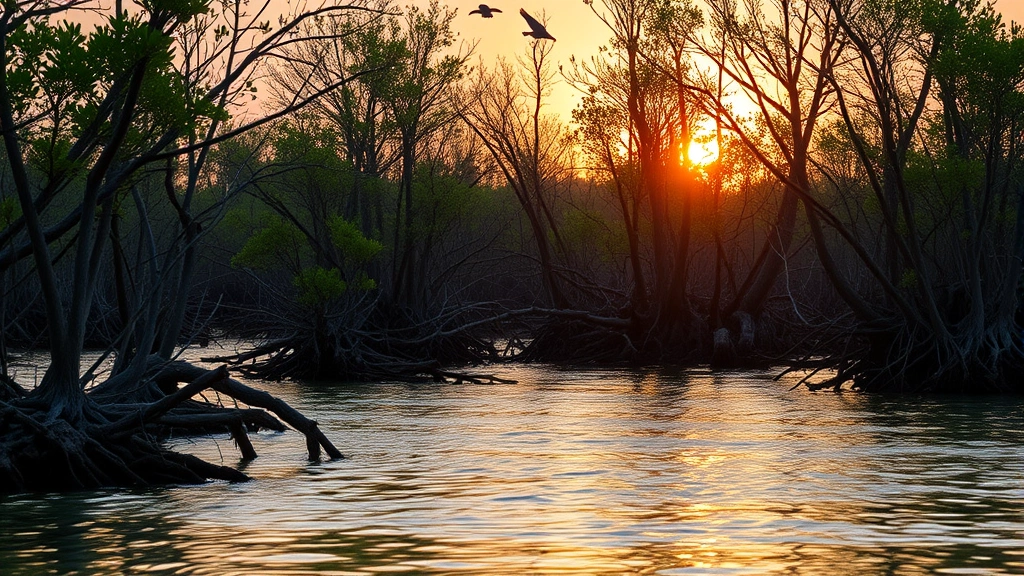 Mangrove forest at sunset with intricate root systems visible in shallow water, birds flying overhead, golden light reflecting off water, thriving coastal ecosystem