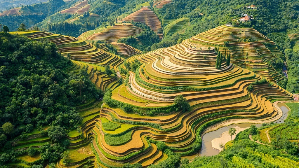 Terraced agricultural landscape with mixed crops, forest patches, and water features creating mosaic pattern, diverse vegetation showing regenerative farming practices in rolling hills