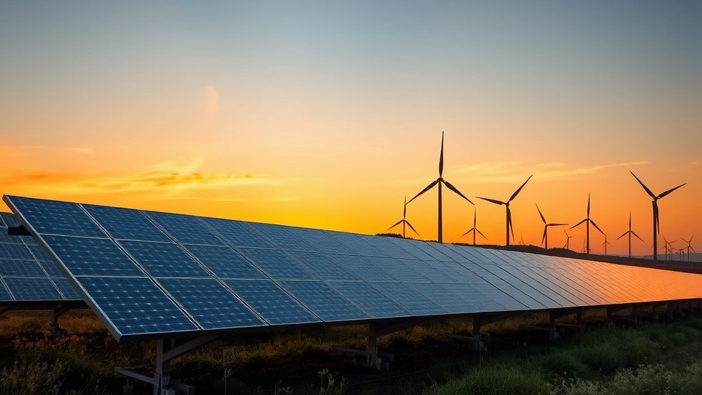 Solar panel farm at sunset with modern wind turbines in background, showcasing renewable energy infrastructure financed by green bonds in a thriving landscape