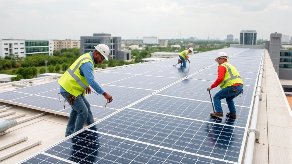 Workers installing solar panels on commercial building rooftop, representing green bond-financed employment in sustainable energy sectors with professional team engagement